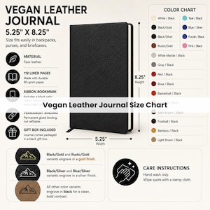May include: A black vegan leather journal measuring 5.25 inches by 8.25 inches. The journal features 112 lined pages, a black satin ribbon bookmark, and permanent glued binding. The product includes a black gift box and is available in various colour combinations shown in the colour chart.