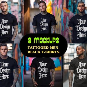 8 Mens Black Tshirts Mockup, Mens Bella Canvas 3001 Mockup Black Bundle, Black Tshirt Tattooed Men Mockup, Tattooed Male T-Shirt Mockup