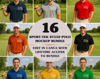 Paquete de 16 maquetas Sport Tek ST550, maquetas de polos para hombre, maquetas de camisetas polo, maquetas de camisas de golf (descarga digital)