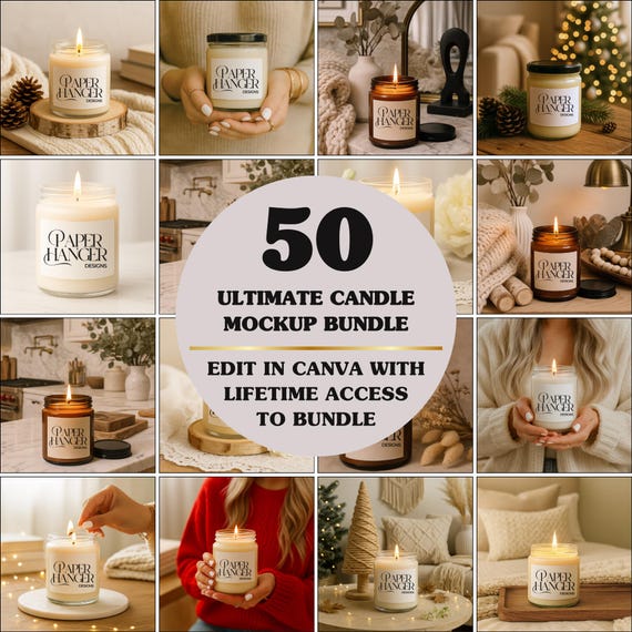 50 Candle Mockup Bundle, 9oz Candle Mockups, Lumient Clear and Amber Glass Candle Mock-up (Digital Download)