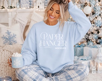 Light Blue Gildan 18000 Christmas Mockup, G180 Crewneck Sweatshirt Mockup, Trendy Festive Xmas Holiday Mockups (Digital Download)