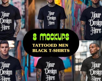 8 Mens Black Tshirts Mockup, Mens Bella Canvas 3001 Mockup Black Bundle, Black Tshirt Tattooed Men Mockups (Digital Download)