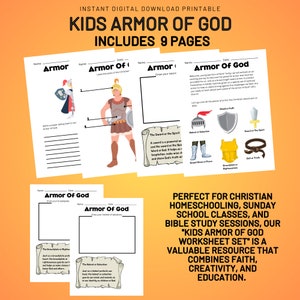 Puede incluir: Un conjunto de hojas de trabajo imprimibles para ni&ntilde;os con el tema de la Armadura de Dios. El conjunto incluye nueve p&aacute;ginas con ilustraciones y actividades. Las p&aacute;ginas se titulan "Armadura de Dios", "Armadura de Cristo", "Armadura", "Espada del Esp&iacute;ritu", "Casco de Salvaci&oacute;n", "Coraz&oacute;n de Justicia", "Cintur&oacute;n de la Verdad", "Escudo de la Fe", y "Zapatos del Evangelio de la Paz".