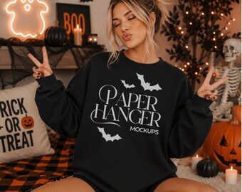 Halloween Gildan 18000 Mockup, Black Halloween Sweatshirt Mockup, Spooky Mockups (Digital Download)