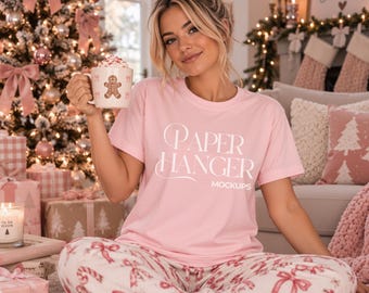 Bella Canvas 3001 Pink Christmas Mockup, BC3001 Festive Trendy Holiday T-Shirt Mockups(Digital Download)