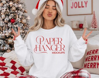 White Gildan 18000 Christmas Mockup, G180 Crewneck Sweatshirt Mockup, Trendy Festive Xmas Holiday Mockups (Digital Download)
