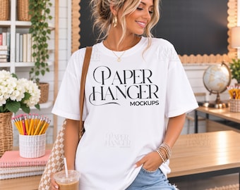White Comfort Colors 1717 Teacher Mockup, Back To School Teacher Shirt Mockups (Digital Download)