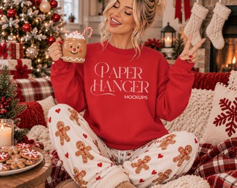 Red Gildan 18000 Christmas Mockup, G180 Crewneck Sweatshirt Mockup, Trendy Festive Xmas Holiday Mockups (Digital Download)