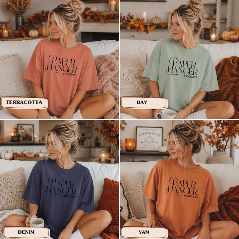 Pode incluir: Uma cole&ccedil;&atilde;o de quatro camisetas de manga curta e gola redonda nas cores terracota, bay, denim e yam. Cada camiseta apresenta o texto preto "PAPER HANGER MOCKUPS" estampado no peito em uma fonte serifada estilizada com uma elegante letra P.