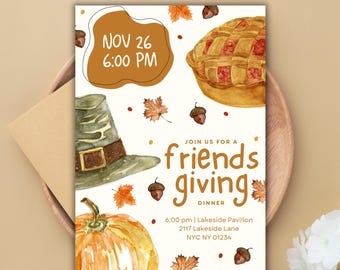 Watercolor Friendsgiving Invite 5x7, Editable Friends Thanksgiving Invitation, Friendsgiving Dinner Party