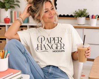 Ivory Comfort Colors 1717 Teacher Mockup, Back To School Teacher Shirt Mockups (Digital Download)