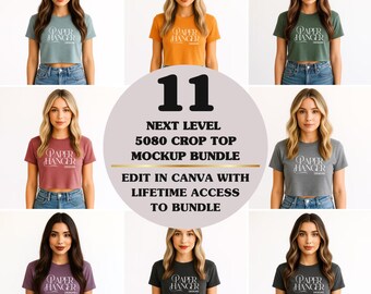 May include: A mockup bundle featuring eleven different colored crop tops. Each crop top has the text "PAPER HANGER DESIGNS" printed on the front. The image also includes the text "11 NEXT LEVEL 5080 CROP TOP MOCKUP BUNDLE EDIT IN CANVA WITH LIFETIME ACCESS TO BUNDLE".