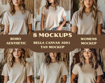 8 Bella Canvas 3001 Tan Mockup, Tan Bella Canvas 3001 Mockup, Bella Canvas Mockup, Boho Tshirt Mockup Bundle, Bella 3001 Mockup Bundle