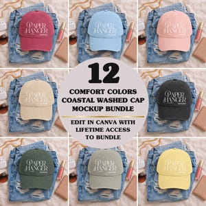 May include: A mockup bundle of 12 coastal washed caps in various colors, including red, blue, pink, beige, black, green, and yellow. Each cap features the "PAPER HANGER DESIGNS" logo. The caps are displayed on denim jeans. Text on the image reads "COMFORT COLORS COASTAL WASHED CAP MOCKUP BUNDLE".