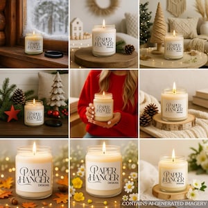 May include: Several lit candles in glass jars with the text "PAPER HANGER DESIGNS" on the label. The candles are surrounded by seasonal decorations, including pine cones, leaves, and flowers. The candles are on display in various settings.