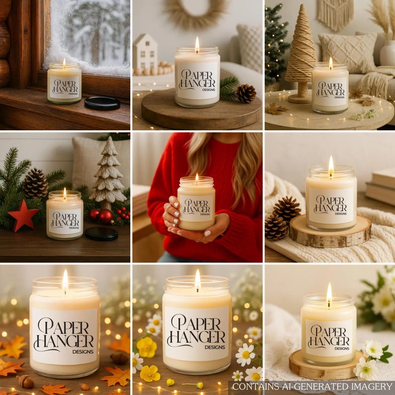 May include: Several lit candles in glass jars with the text "PAPER HANGER DESIGNS" on the label. The candles are surrounded by seasonal decorations, including pine cones, leaves, and flowers. The candles are on display in various settings.