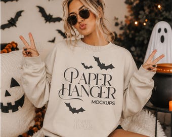 Halloween Gildan 18000 Mockup, Sand Halloween Sweatshirt Mockup, Spooky Mockups (Digital Download)