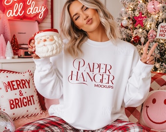 White Gildan 18000 Christmas Mockup, G180 Crewneck Sweatshirt Mockup, Trendy Festive Xmas Holiday Mockups (Digital Download)