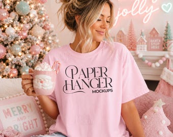 Comfort Colors 1717 Christmas Mockup, 1717 Blossom T-shirt Holiday Mock-up, Pink Xmas Shirt Mockup (Digital Download)