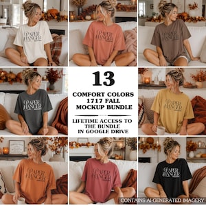Op de afbeelding: Een collectie van dertien t-shirts met korte mouwen in verschillende kleuren, elk voorzien van de tekst Paper Hanger Mockups. De centrale afbeelding toont de tekst 13 Comfort Colors 1717 Fall Mockup Bundle Lifetime Access to the Bundle in Google Drive.