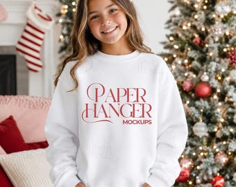 White Gildan 18000b Christmas Mockup, Kids Crewneck Sweatshirt Mockup, Trendy Festive Xmas Holiday Mockups (Digital Download)