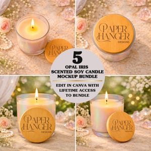 Puede incluir: Cuatro velas de soja perfumadas con iris opalino en frascos de vidrio transparente con tapas de madera. Las tapas están grabadas con "PAPER HANGER DESIGNS". Las velas están encendidas y la imagen incluye el texto: "5 OPAL IRIS SCENTED SOY CANDLE MOCKUP BUNDLE."