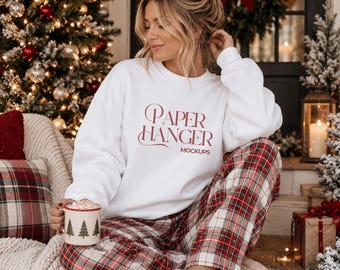 White Gildan 18000 Christmas Mockup, G180 Crewneck Sweatshirt Mockup, Trendy Festive Xmas Holiday Mockups (Digital Download)