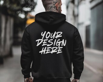 Men's Streetwear Mockup, Black Gildan 18500 Mockup, Back Hoodie Mockups, Mens Back Hoodie Mockup, Tattooed Mens Back Hoodie Mockup