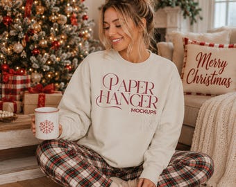 Sand Gildan 18000 Christmas Mockup, G180 Crewneck Sweatshirt Mockup, Trendy Festive Xmas Holiday Mockups (Digital Download)