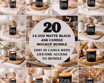 Matte Black Candle Jar 14.5 oz with Bamboo Lid Mockup Bundle (Digital Download)