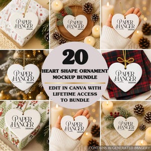 Paquete de 20 maquetas de adornos de cerámica, maquetas de adornos navideños con forma de corazón, paquete de maquetas de adornos de cerámica blanca (descarga digital)