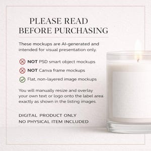 May include: A lit white candle in a clear glass jar with a blank label. Text on the left side reads "PLEASE READ BEFORE PURCHASING" and details about the digital product. The candle flame is bright against a soft background.