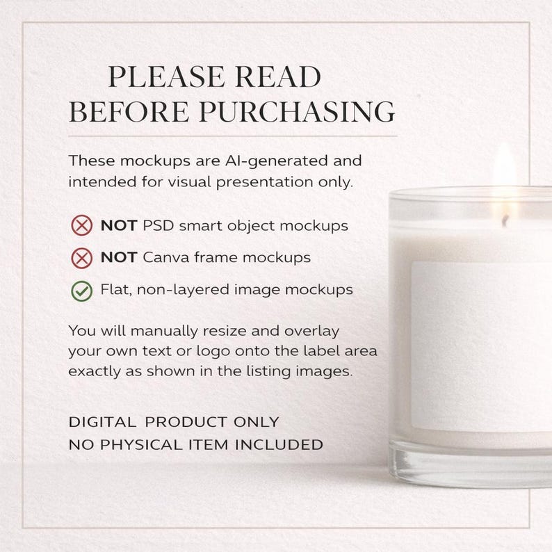 May include: A lit white candle in a clear glass jar with a blank label. Text on the left side reads "PLEASE READ BEFORE PURCHASING" and details about the digital product. The candle flame is bright against a soft background.