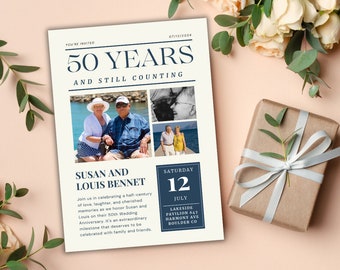 50周年記念招待状、結婚50周年記念招待状、記念日パーティー招待状テンプレート、記念日パーティー招待状