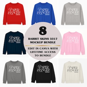 May include: A mockup bundle of eight sweatshirts in various colors: red, blue, gray, navy, pink, black, and cream. Each sweatshirt features the text "PAPER HANGER DESIGNS" in a stylized font. The image includes text: "RABBIT SKINS 3317 MOCKUP BUNDLE EDIT IN CANVA WITH LIFETIME ACCESS TO BUNDLE."