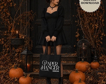 Mockup di borsa tote in tela di cotone Liberty Bags OAD113 nera per Halloween, mockup di borse tote nere (download digitale)