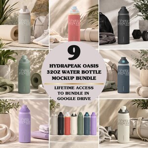 May include: A digital mockup bundle featuring nine 946ml Hydrapeak Oasis water bottles in various colours, including beige, coral, black, sage green, navy, and lavender. Each bottle displays the text Paper Hanger Designs and a flip-top lid.