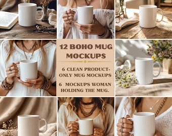 12 Boho White Ceramic Mug Mockup Bundle, Printify Coffee Mug Mockup (Digital Download)