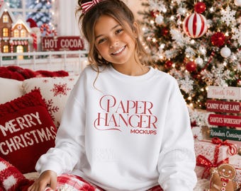 White Gildan 18000b Christmas Mockup, Kids Youth Crewneck Sweatshirt Mockup, Trendy Festive Xmas Holiday Mockups (Digital Download)