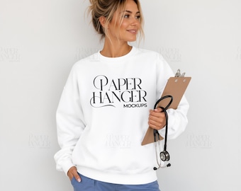 White Gildan 18000 Nurse Mockup, School Nurse Sweatshirt Mockups (Digital Download)