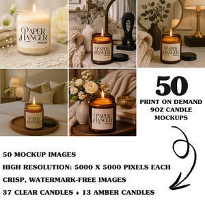 May include: A collection of candle mockups featuring lit candles in clear and amber jars. The candles have a label that reads "PAPER HANGER DESIGNS". The image includes text that says "50 PRINT ON DEMAND 9OZ CANDLE MOCKUPS".