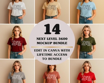 May include: A collection of t-shirt mockups in various colors, including white, tan, light blue, burgundy, olive green, gray, terracotta, and red. Each shirt features the "PAPER HANGER DESIGNS" logo. The image also includes text: "14 NEXT LEVEL 3600 MOCKUP BUNDLE EDIT IN CANVA WITH LIFETIME ACCESS TO BUNDLE CONTAINS AI-GENERATED IMAGERY."