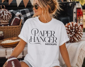 White Comfort Colors 1717 Football Shirt Mockup, Sports Team Game Day Mockups (Digital Download)