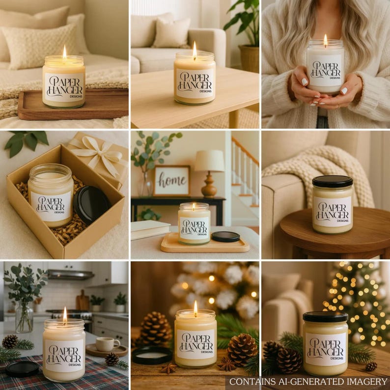 May include: A collection of lit candles in glass jars with black lids. Each candle has a label that reads "PAPER HANGER DESIGNS". The candles are displayed in various settings, including a bedroom, living room, and near a Christmas tree.