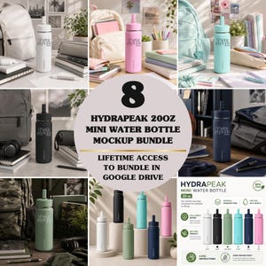 May include: A digital mockup bundle for 20 oz Hydrapeak mini water bottles featuring various colours including white, pink, teal, black, and green. The collection includes multiple lifestyle images and a product specification sheet with text.
