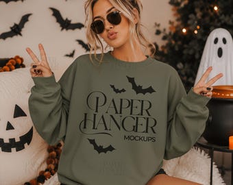 Military Green Gildan 18000 Halloween Mockup, Halloween Sweatshirt Mockup, Spooky Mockups (Digital Download)