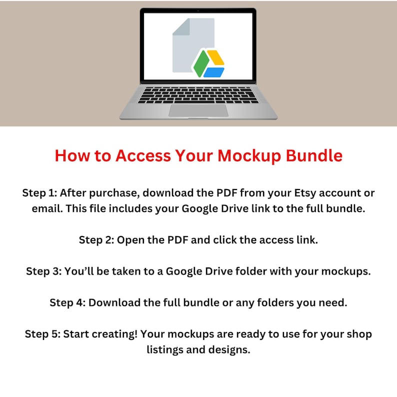 Pode incluir: Um port&aacute;til exibindo um &iacute;cone de documento e o log&oacute;tipo do Google Drive. O texto diz: How to Access Your Mockup Bundle. Passo 1: Ap&oacute;s a compra, transfira o PDF da sua conta Etsy ou e-mail. Passo 2: Abra o PDF e clique na liga&ccedil;&atilde;o de acesso.