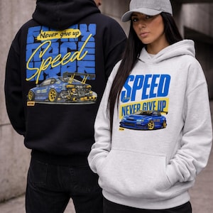 May include: Black and white hooded sweatshirts with a car graphic. The black sweatshirt has the text "Never Give Up Speed" with a blue and yellow car graphic. The white sweatshirt has the text "Speed Never Give Up" with a blue car graphic.