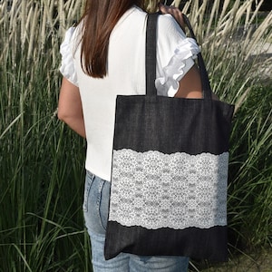 Denim Lace Tote Bag, Jeans Summer Bag, Laptop Tote, Cute Denim Shopper Bag, Handmade Denim Gift Women, Lace Bag, Stylish Blue Cotton Tote