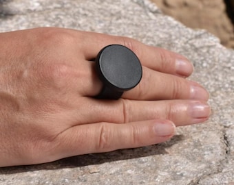 Designer Leather Ring, Statement Urban Minimalist Ring, Black Hoop Circle Flower Ring